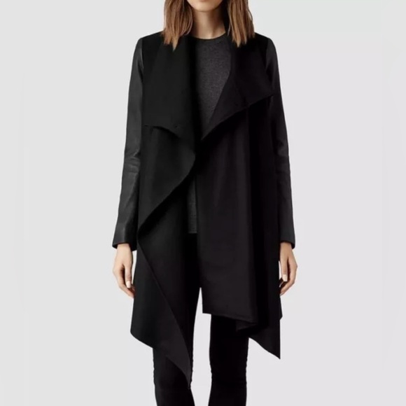 ALL SAINTS Hyde Monument Wool and Leather Blend Coat - Picture 3 of 15